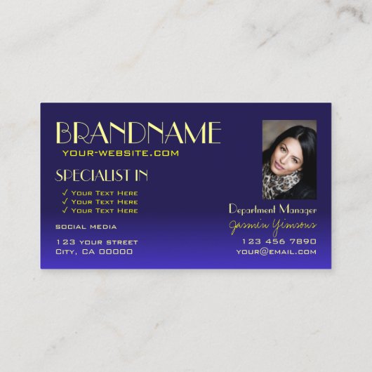 青モダンと黄色のシックな鏡フォントと写真 名刺 (裏面)