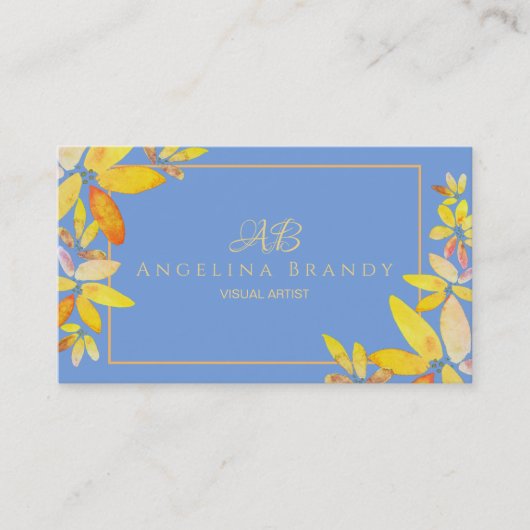 青モダンと黄色の水色フローラ 名刺 (正面)