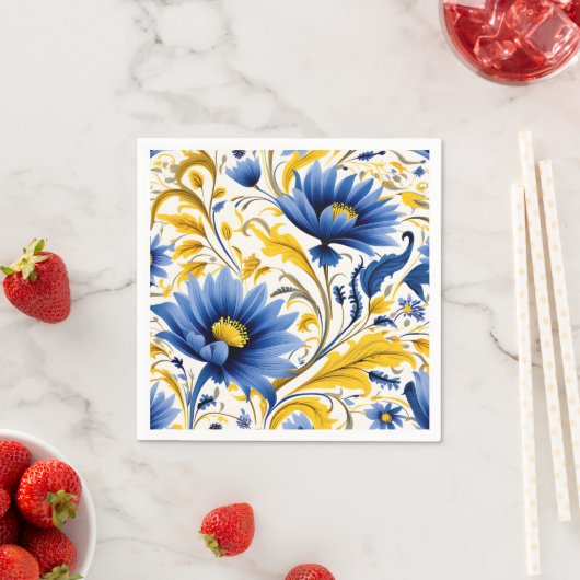 青モダンと黄色の花の模様 スタンダードカクテルナプキン (インサイチュ)