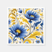 青モダンと黄色の花の模様 スタンダードカクテルナプキン (正面)