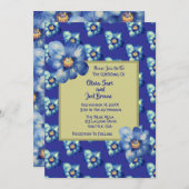 青モダンと黄色の野王室の花の結婚青 招待状 (正面/裏面)