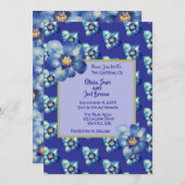 青モダンと黄色の野王室の花の結婚青 招待状 (正面/裏面)