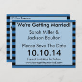 青モダンと黒のストライプ保存日付 案内ポストカード (正面/裏面)