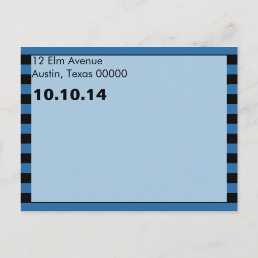 青モダンと黒のストライプ保存日付 案内ポストカード (裏面)