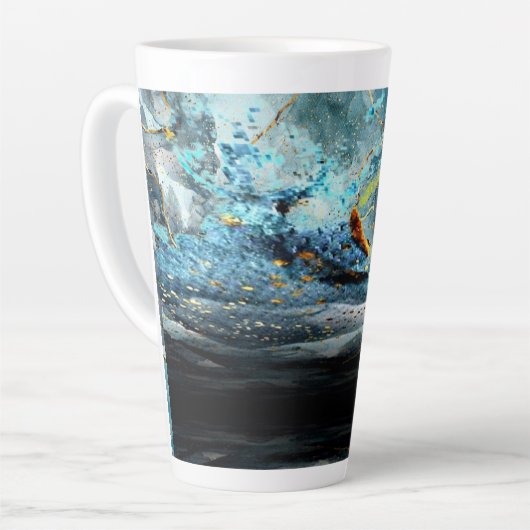 青モダンと黒の抽象芸術波ラテマグカップ カフェラテマグ (左アングル)