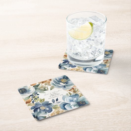 青モダンエレガントと金ゴールド秋のフローラ結婚 スクエアペーパーコースター (インサイチュ)