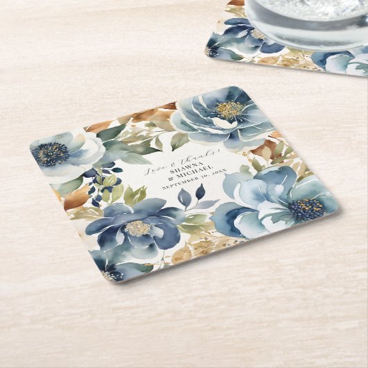 青モダンエレガントと金ゴールド秋のフローラ結婚 スクエアペーパーコースター (アングル)
