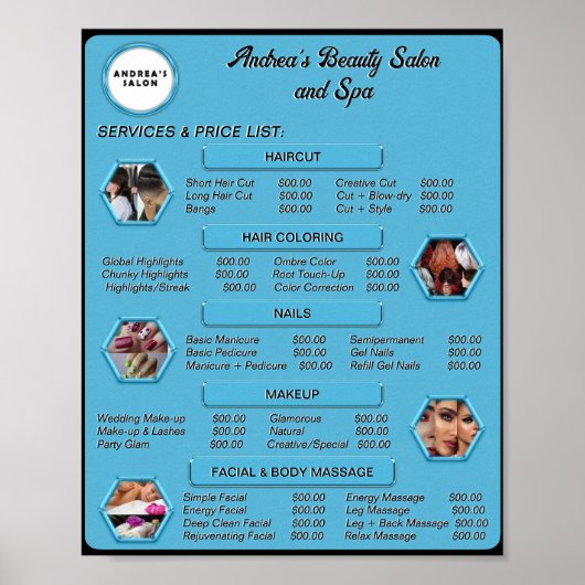 青モダンエレガントサロンロゴ&写真の価格表 ポスター (正面)