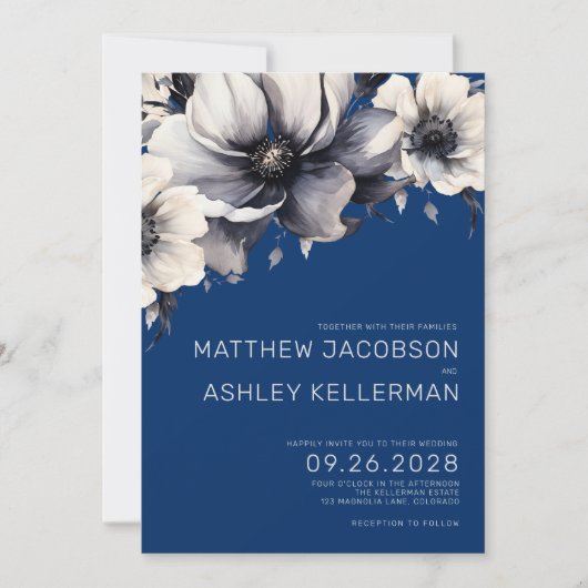 青モダンエレガントフローラ結婚 招待状 (正面)