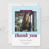 青モダンエレガント写真卒業キャップパターン サンキューカード (正面)