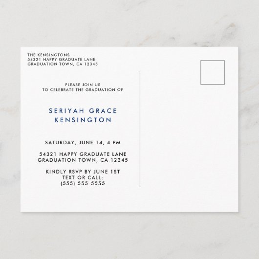 青モダンエレガント卒業スクリプトの写真 案内ポストカード (裏面)