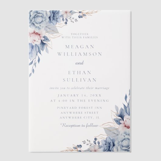 青モダンエレガント水カラーフローラ結婚の ベラム紙招待状 (正面)
