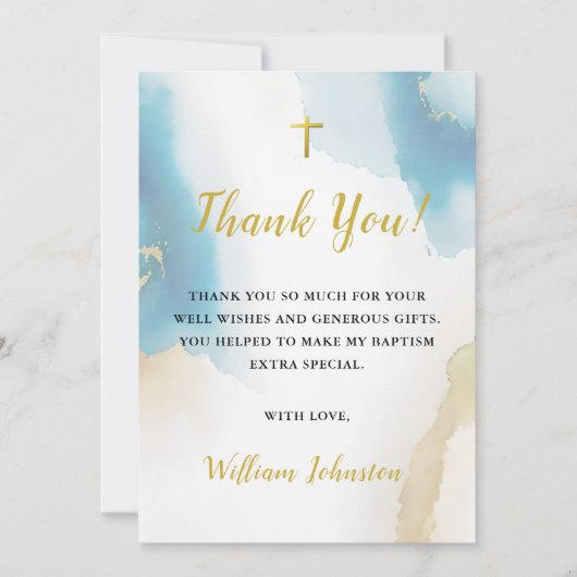 青モダンエレガント洗礼サンキューカード 招待状 (正面)