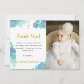 青モダンエレガント洗礼写真サンキューカード 招待状 (正面)