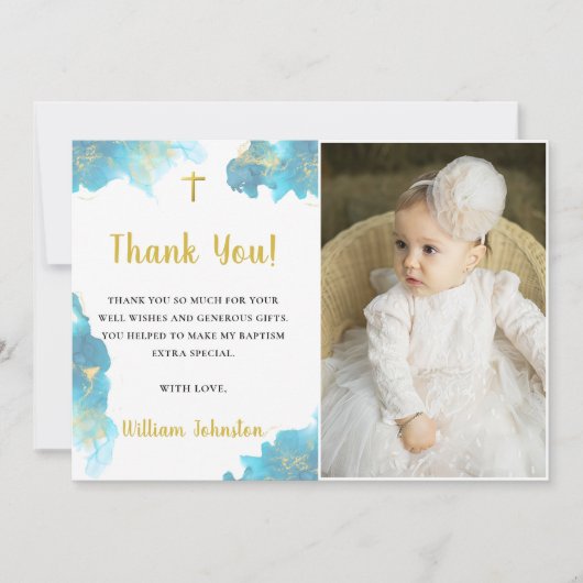 青モダンエレガント洗礼写真サンキューカード 招待状 (正面)