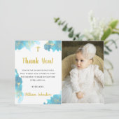 青モダンエレガント洗礼写真サンキューカード 招待状 (スタンド正面)