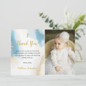 青モダンエレガント洗礼写真サンキューカード 招待状 (スタンド正面)