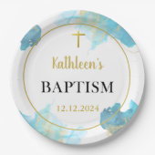 青モダンエレガント洗礼 ペーパープレート (正面)
