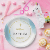 青モダンエレガント洗礼 ペーパープレート (パーティー)