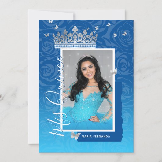 青モダンエレガント王室のフローラ写真キンセアニェラ 招待状 (正面)