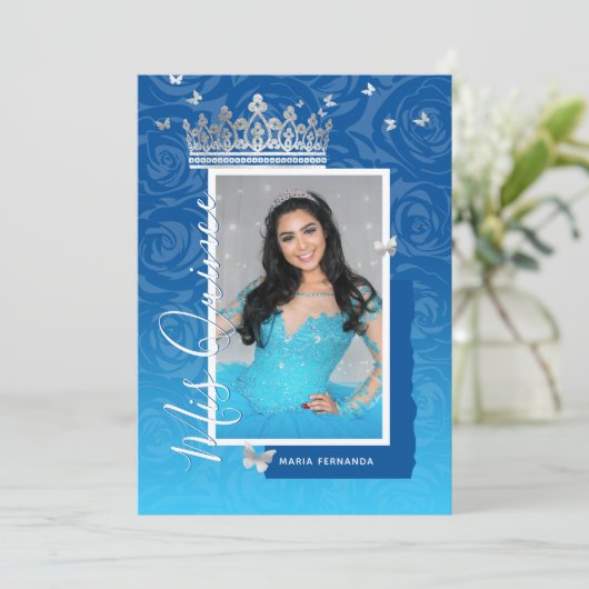 青モダンエレガント王室のフローラ写真キンセアニェラ 招待状 (スタンド正面)