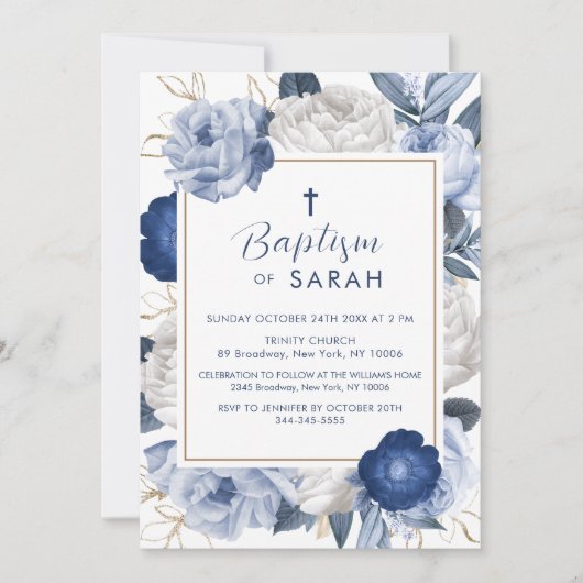 青モダンエレガント白の花十字洗礼 招待状 (正面)