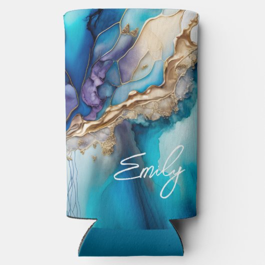 青モダンエレガント金ゴールド大理石パーソナライズされた名 スリム缶クーラー (裏面)