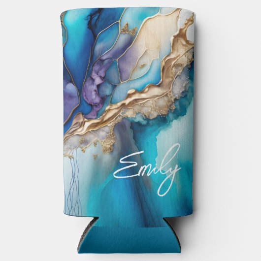 青モダンエレガント金ゴールド大理石パーソナライズされた名 スリム缶クーラー (正面)