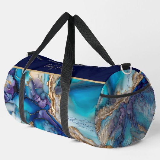 青モダンエレガント金ゴールド大理石パーソナライズされた名 ダッフルバッグ (右コーナー)