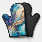 青モダンエレガント金ゴールド大理石パーソナライズされた名 鍋つかみ (正面/裏面)