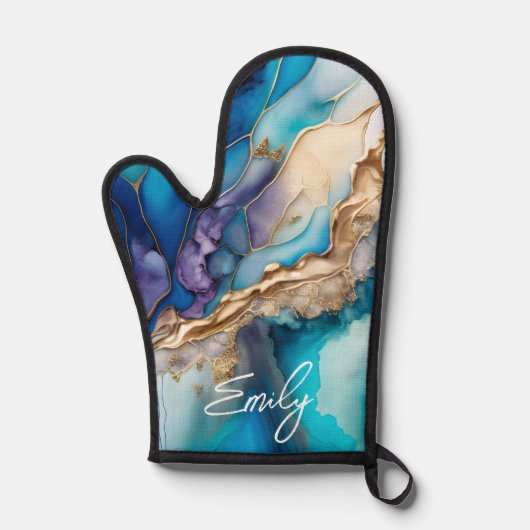 青モダンエレガント金ゴールド大理石パーソナライズされた名 鍋つかみ (正面)