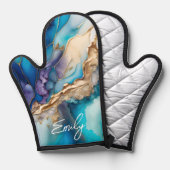 青モダンエレガント金ゴールド大理石パーソナライズされた名 鍋つかみ (正面/裏面)