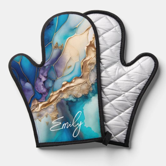 青モダンエレガント金ゴールド大理石パーソナライズされた名 鍋つかみ (正面/裏面)