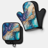 青モダンエレガント金ゴールド大理石パーソナライズされた名 鍋つかみ&鍋敷きセット (正面/裏面)