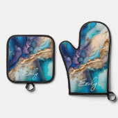 青モダンエレガント金ゴールド大理石パーソナライズされた名 鍋つかみ&鍋敷きセット (正面)