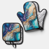 青モダンエレガント金ゴールド大理石パーソナライズされた名 鍋つかみ&鍋敷きセット (正面/裏面)