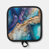 青モダンエレガント金ゴールド大理石パーソナライズされた名 鍋敷き (正面)