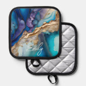 青モダンエレガント金ゴールド大理石パーソナライズされた名 鍋敷き (正面/裏面)