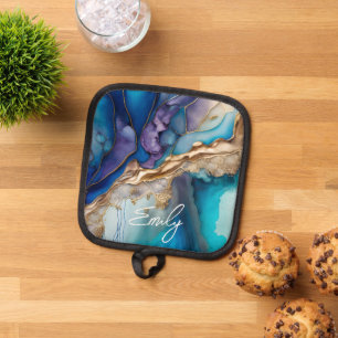 青モダンエレガント金ゴールド大理石パーソナライズされた名 鍋敷き