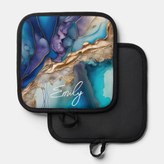 青モダンエレガント金ゴールド大理石パーソナライズされた名 鍋敷き (正面/裏面)