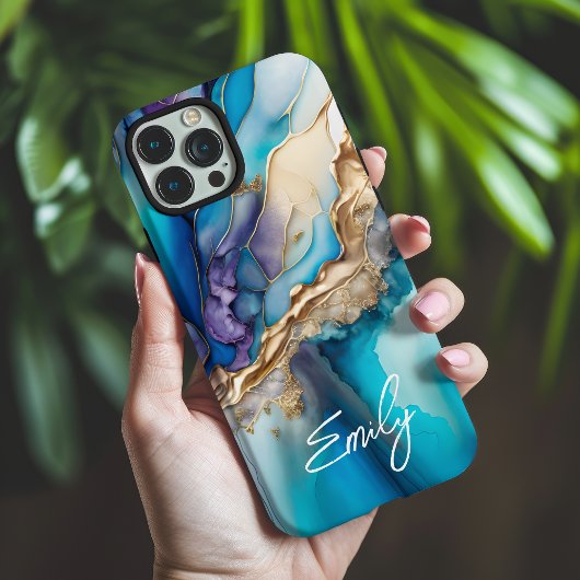 青モダンエレガント金ゴールド大理石パーソナライズされた名 Case-Mate iPhoneケース