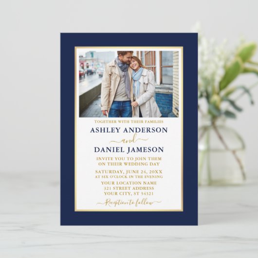 青モダンエレガント金ゴールド結婚式招待状 招待状 (スタンド正面)