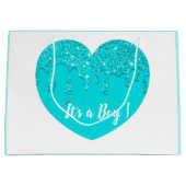 青モダングリッターハート赤ちゃんシャワー男の子 ラージペーパーバッグ (正面)