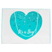青モダングリッターハート赤ちゃんシャワー男の子 ラージペーパーバッグ (裏面)