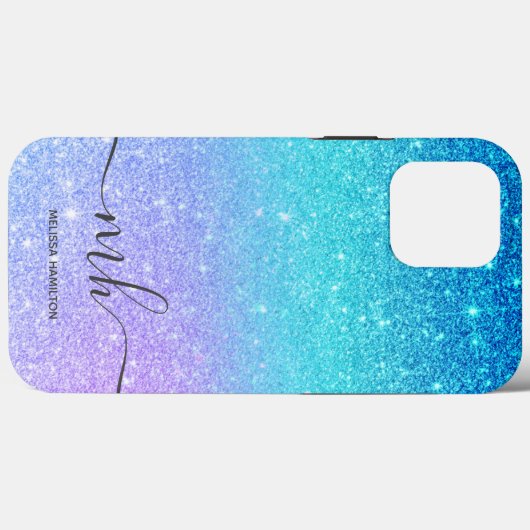 青モダングリッター紫グラデーションシックモノグラムの Case-Mate iPhoneケース (裏面 (横))