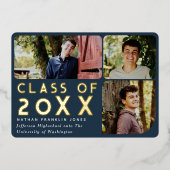 青モダンシック写真卒業発表 箔招待状 (正面)