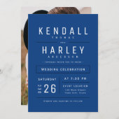 青モダンシンプルタイポグラフィ結婚写真 招待状 (正面/裏面)