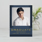 青モダンスタイリッシュ色 | 1フォトフォイルグラードカード 箔招待状 (立ち正面)