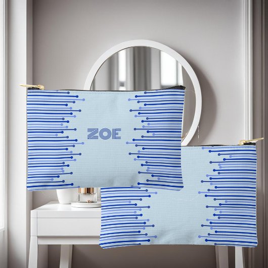 青モダンストライプのパター淡い色のンパーソナライズされた アクセサリーポーチ