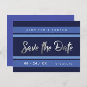 青モダンストライプ色の銀色の効果日付の保存 ポストカード (正面/裏面)